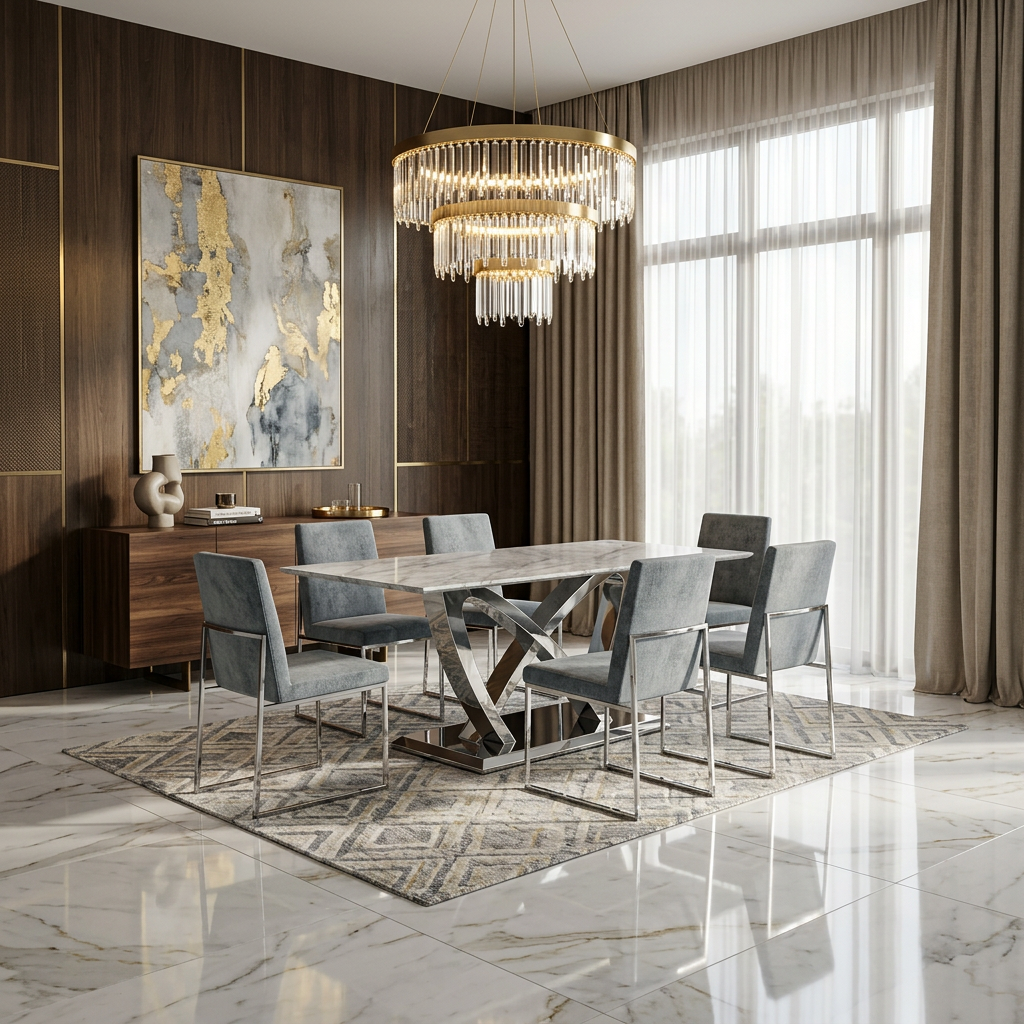Grey Marble / Chrome Frame California Grey Marble dining Table