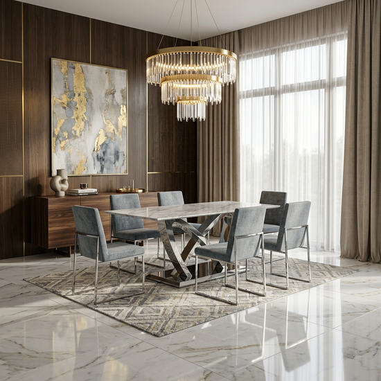 Grey Marble / Chrome Frame California Grey Marble dining Table