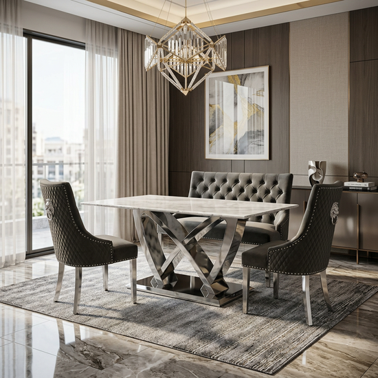 Grey Marble / Chrome Frame California Grey Marble dining Table