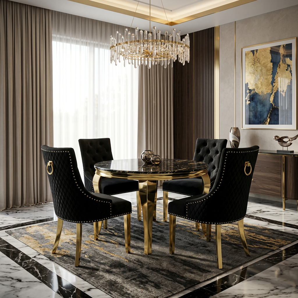 Sofia 1.1m Round Black & Gold Marble Table