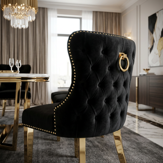Valentino Dining Chair - Valentino Black Gold Ring Knocker Chair