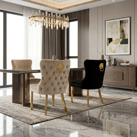 Valentino Dining Chair - Valentino Mink Gold Lion Knocker Chair