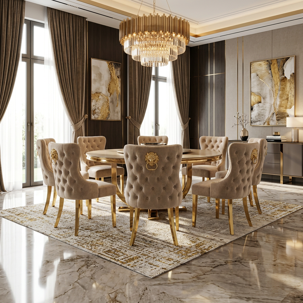 Valentino Dining Chair - Valentino Mink Gold Lion Knocker Chair