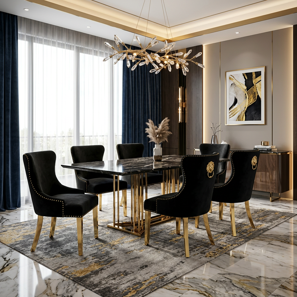 Valentino Dining Chair - Valentino Black Gold Lion Knocker Chair