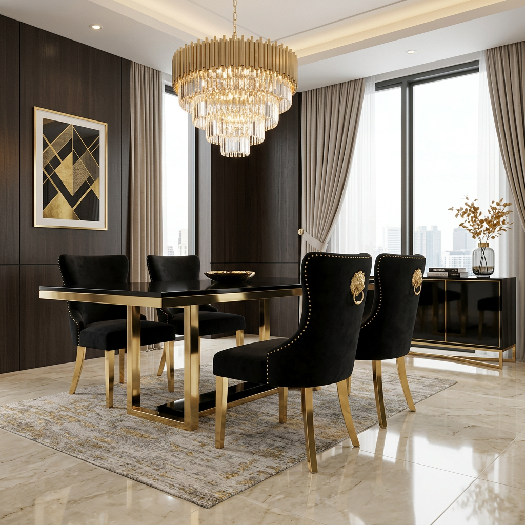 Valentino Dining Chair - Valentino Black Gold Lion Knocker Chair