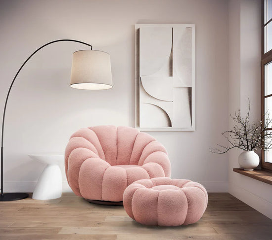 Teddy Boucle Fabric Pink 1 Seater Swivel Sofa with Footstool MIRIELLE
