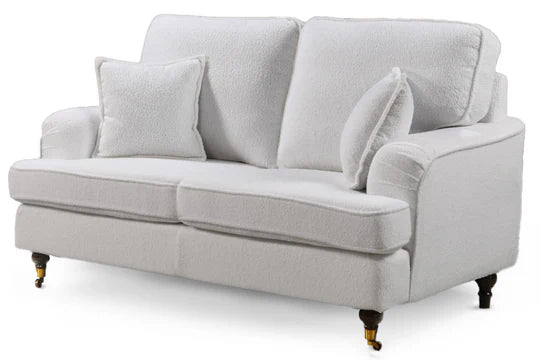 Teddy Boucle Fabric White 2 Seater Bella Sofa with Plain Cushions ASBURY