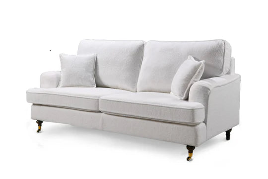 Teddy Boucle Fabric White 3 Seater Bella Sofa with Plain Cushions ASBURY