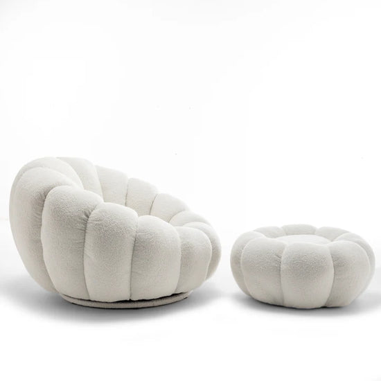 Teddy Boucle Fabric White 1 Seater Swivel Sofa with Footstool MIRIELLE