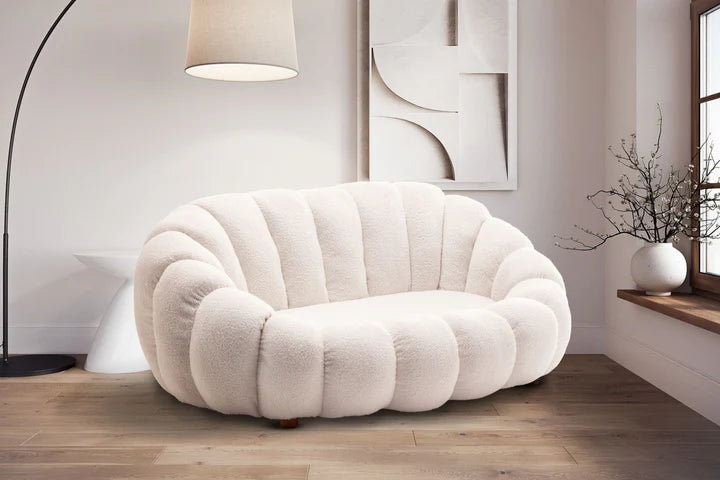 Teddy Boucle Fabric White 2 Seater Sofa DIVANO LETTO
