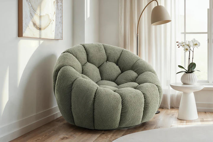 Teddy Boucle Fabric Sage Green 1 Seater Swivel Sofa DIVANO LETTO