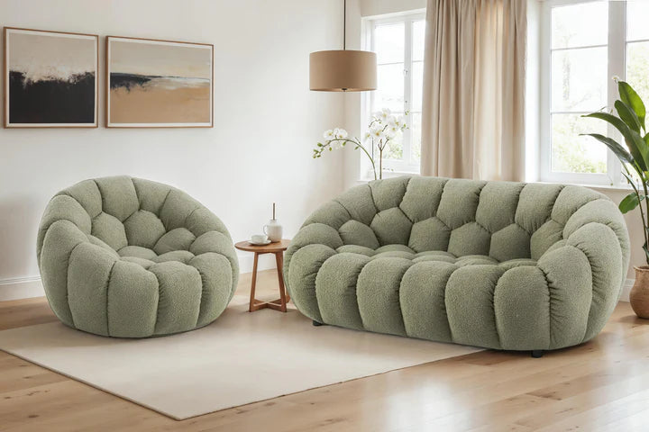 Teddy Boucle Fabric Sage Green 2 + 1 Seater Sofa Set DIVANO LETTOI