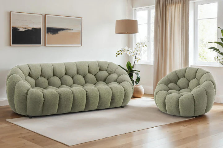 Teddy Boucle Fabric Sage Green 3 + 1 Seater Sofa Set DIVANO LETTO