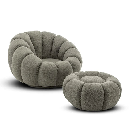 Teddy Boucle Fabric Sage Green 1 Seater Swivel Sofa with Footstool MIRIEILLE