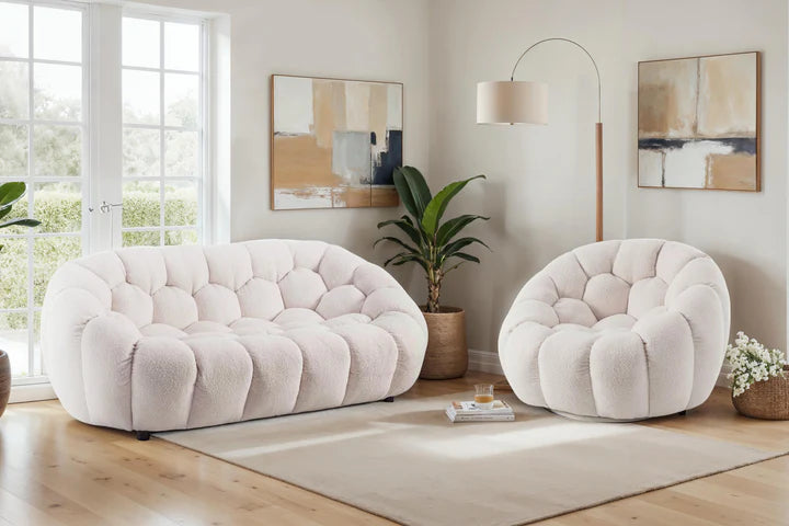 Teddy Boucle Fabric White 2 + 1 Seater Sofa Set DIVANO LETTO