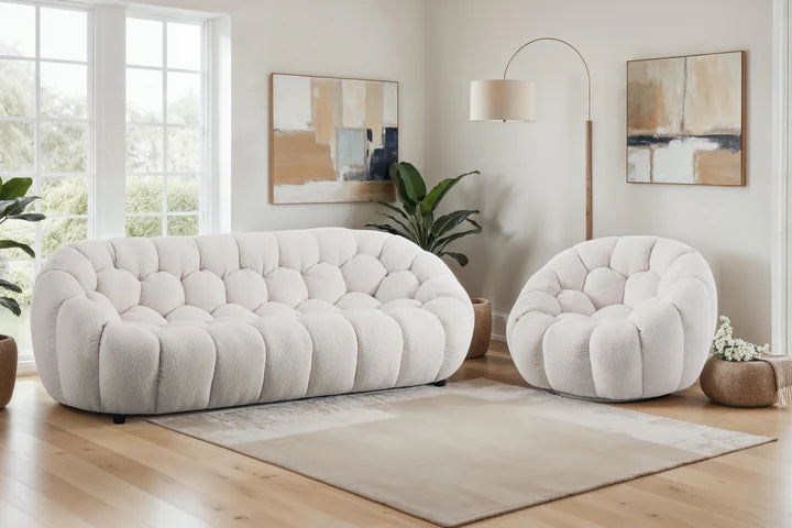 Teddy Boucle Fabric White 3 + 1 Seater Sofa Set DIVANO LETTO