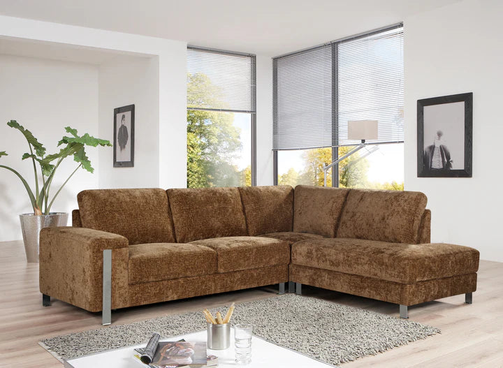 Textured Chenille Brown Right Hand Facing Corner Sofa ELEGANZA