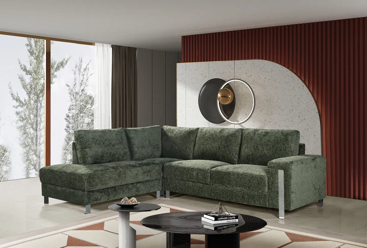 Textured Chenille Green Left Hand Facing Corner Sofa ELEGANZA