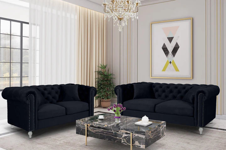 Velvet Black 3 + 2 Seater Chesterfield Sofa Set With Acrylic Feet MODERNO