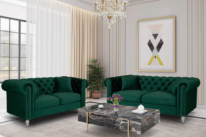Velvet Bottle Green 3 + 2 Seater Chesterfield Sofa Set With Acrylic Feet MODERNO