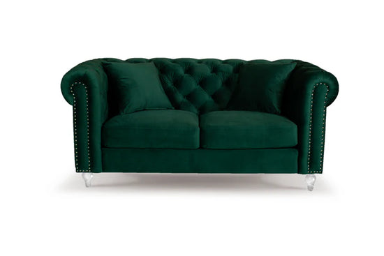 Velvet Bottle Green 3 + 2 Seater Chesterfield Sofa Set With Acrylic Feet MODERNO