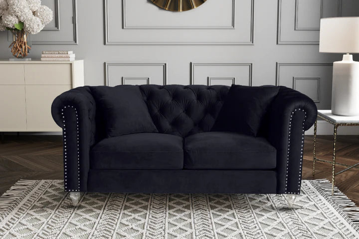 Velvet Black 2 Seater Chesterfield Sofa With Acrylic Feet MODERNO