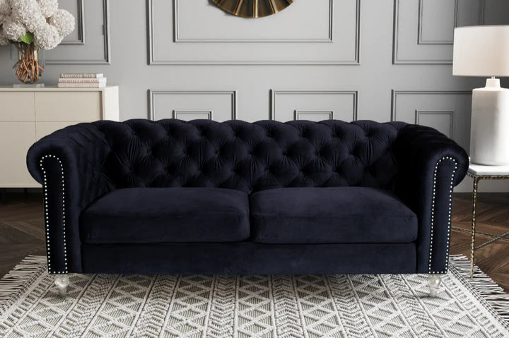 Velvet Black 3 Seater Chesterfield Sofa With Acrylic Feet MODERNO