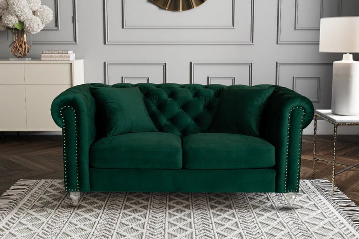 Velvet Bottle Green 2 Seater Chesterfield Sofa With Acrylic Feet MODERNO