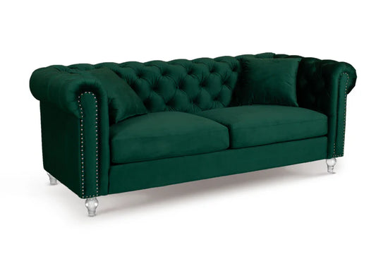 Velvet Bottle Green 3 Seater Chesterfield Sofa With Acrylic Feet MODERNO