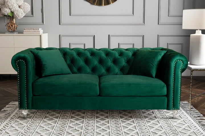 Velvet Bottle Green 3 Seater Chesterfield Sofa With Acrylic Feet MODERNO