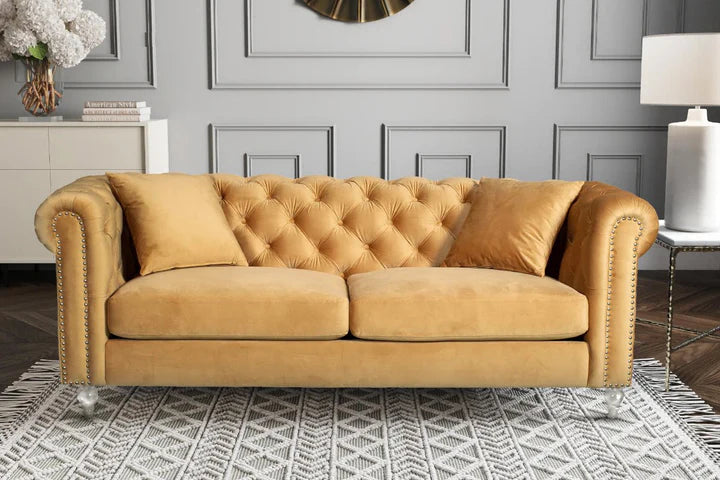 Velvet Gold 3 Seater Chesterfield Sofa With Acrylic Feet MODERNO