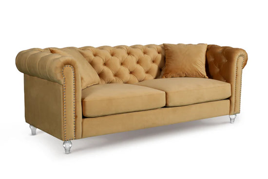 Velvet Gold 3 Seater Chesterfield Sofa With Acrylic Feet MODERNO