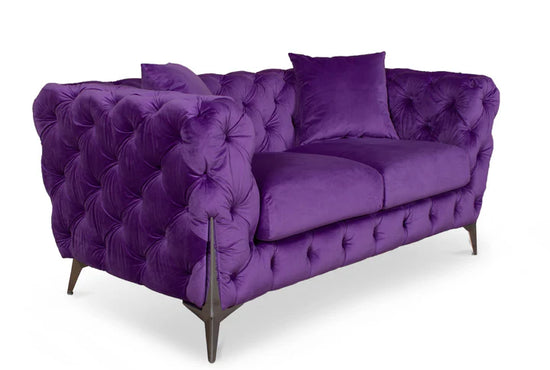 Velvet Fabric Chesterfield Purple 2 Seater Sofa With Silver Feet BOSCO