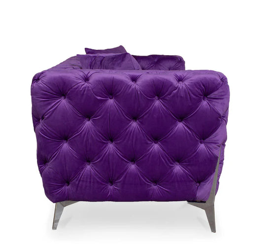 Velvet Fabric Chesterfield Purple 2 Seater Sofa With Silver Feet BOSCO