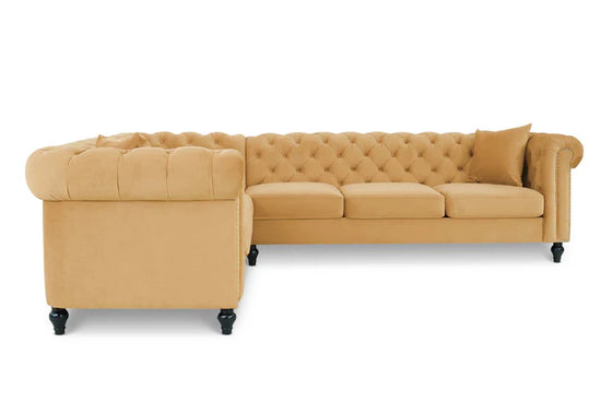 Velvet Gold 2C3 Chesterfield Corner Sofa With Wooden Feet MODERNO
