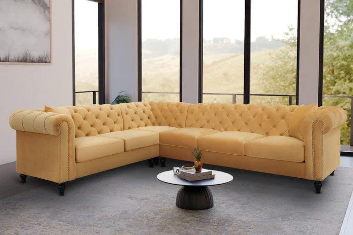 Velvet Gold 2C2 Chesterfield Corner Sofa With Wooden Feet MODERNO