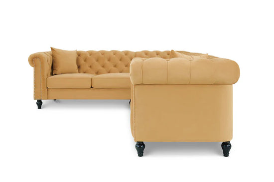 Velvet Gold 2C2 Chesterfield Corner Sofa With Wooden Feet MODERNO