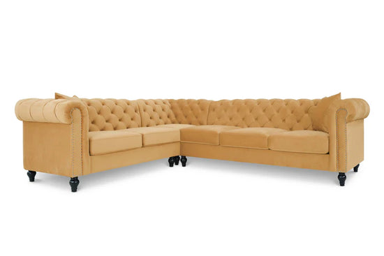Velvet Gold 2C3 Chesterfield Corner Sofa With Wooden Feet MODERNO