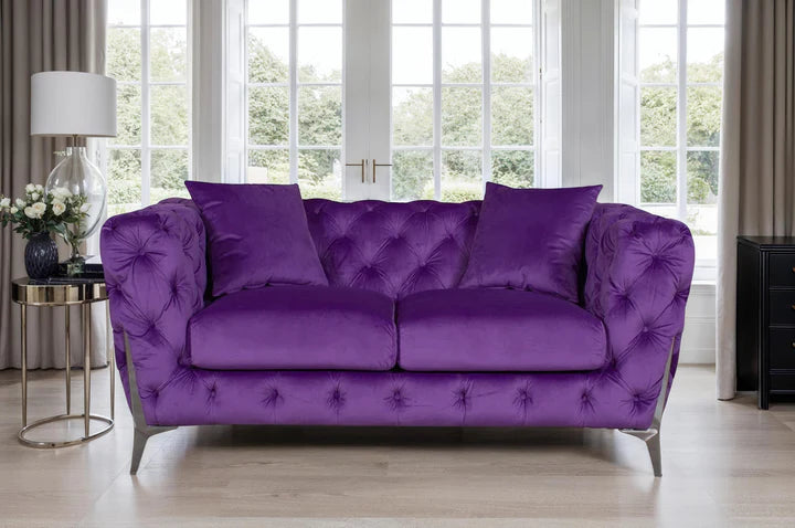 Velvet Fabric Chesterfield Purple 2 Seater Sofa With Silver Feet BOSCO