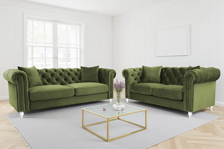 Velvet Sage Green 3 + 2 Seater Chesterfield Sofa Set With Acrylic Feet MODERNO