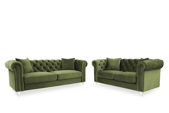 Velvet Sage Green 3 + 2 Seater Chesterfield Sofa Set With Acrylic Feet MODERNO