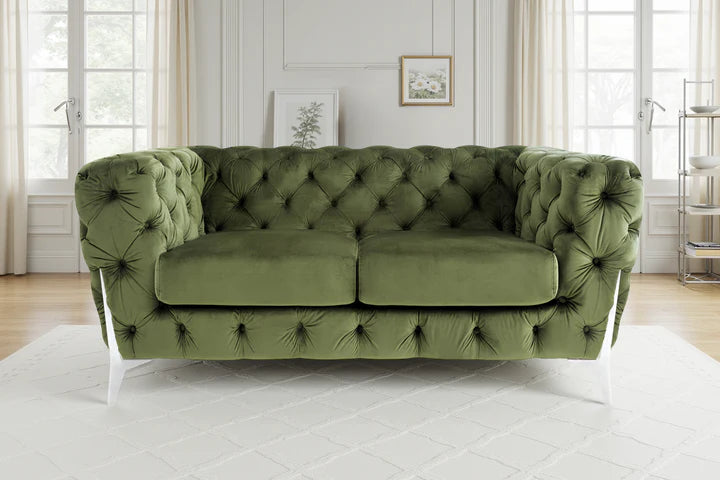 Velvet Sage Green Chesterfield 2 Seater Sofa With Silver Feet BOSCO
