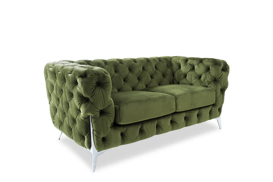 Velvet Sage Green Chesterfield 2 Seater Sofa With Silver Feet BOSCO