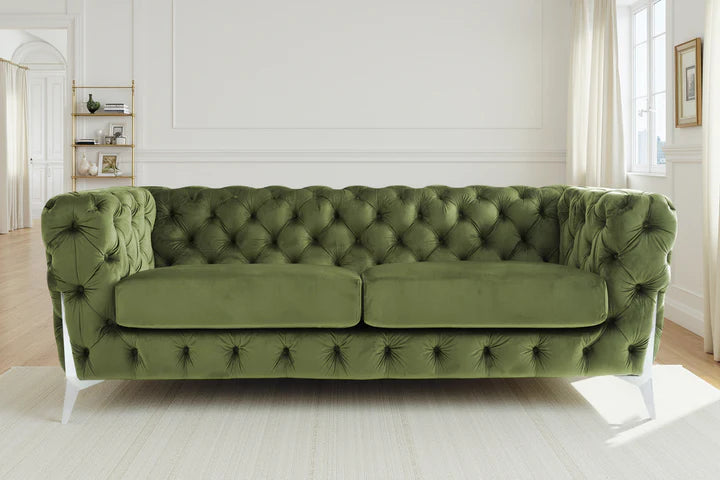 Velvet Sage Green Chesterfield 3 Seater Sofa With Silver Feet BOSCO
