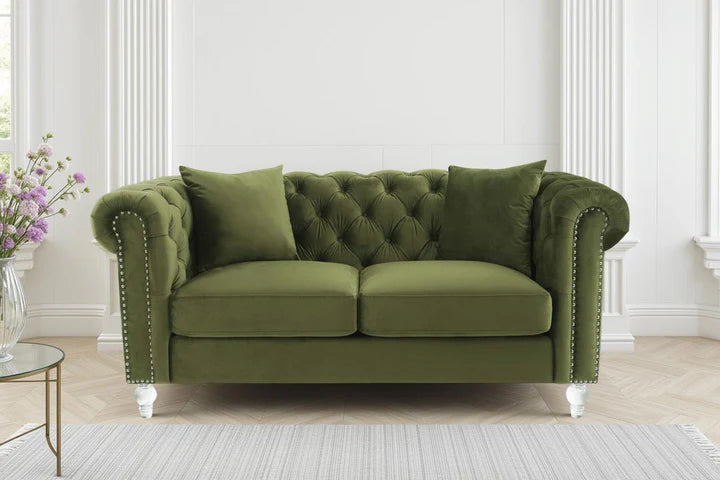 Velvet Sage Green 2 Seater Chesterfield Sofa With Acrylic Feet MODERNO