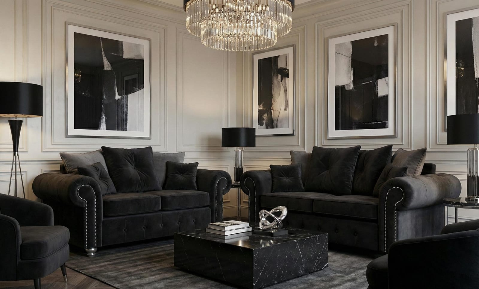 Black 2 + 3 seater Sofa Set Chenille Fabric Sofa OLIMPIA Sofa