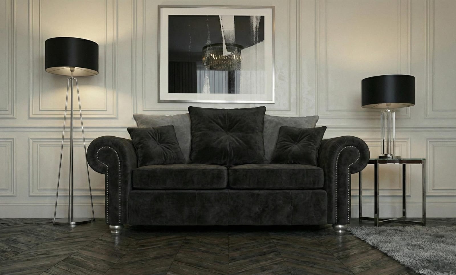 Black 2 Seater Sofa Chenille Fabric Sofa OLIMPIA Sofa