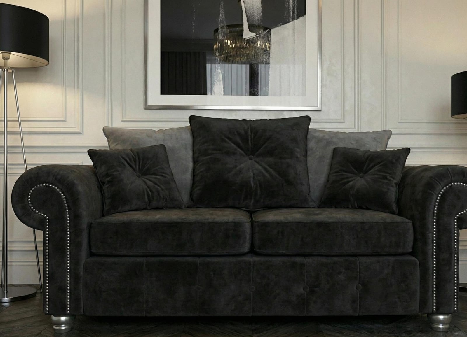 Black 2 Seater Sofa Chenille Fabric Sofa OLIMPIA Sofa