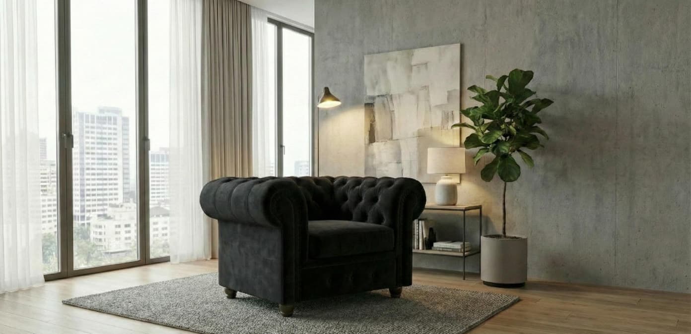 Black 1 Seater Sofa Plush Velet Fabric Sofa Infinity