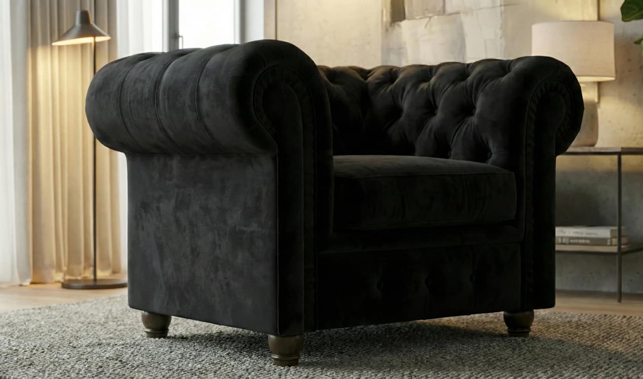 Black 1 Seater Sofa Plush Velet Fabric Sofa Infinity